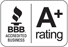 BBB Accredited Business logo and A+ rating displayed side by side in black and white.