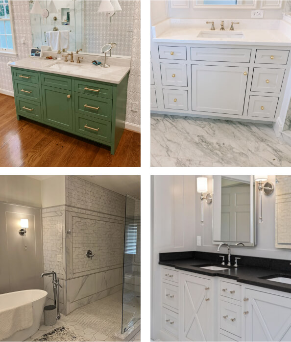 Four bathrooms shown: two with green and white vanities with gold hardware, one with a freestanding bathtub, and one modern shower with glass door and marble tiles.