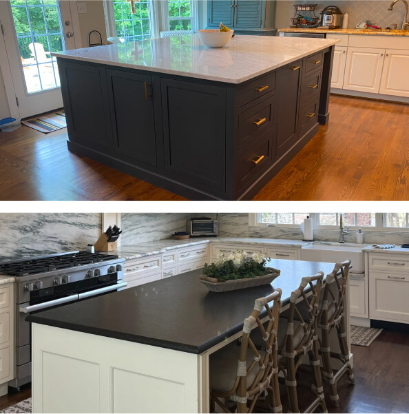 Two modern kitchen islands: the top features dark cabinetry with a white countertop, while the bottom has a white base with a dark countertop and bar stools.