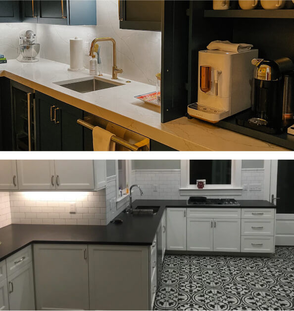 Two modern kitchens: the top with white countertops, dark cabinets, and small appliances; the bottom with black countertops, white cabinets, and patterned floor tiles.