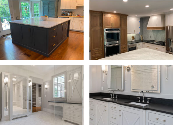 Collage of modern interiors: a kitchen with a large island, a kitchen with wood cabinets, a white walk-in closet, and a bathroom with double sinks and mirrors.