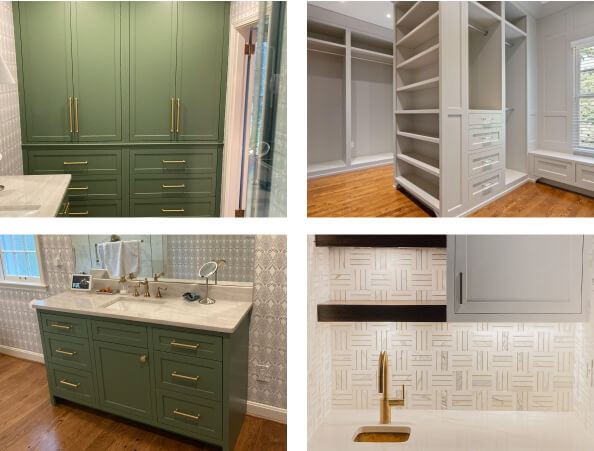 Four images show a green vanity with gold fixtures, a closet with white shelving, a green sink cabinet, and a white backsplash with gold faucet and hardware.