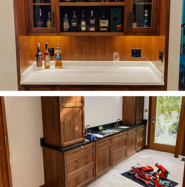 Top image: A wooden bar cabinet with bottles of liquor, a wine glass, and accent lighting. Bottom image: A long wooden cabinet with a black countertop; tools and supplies are on the floor.