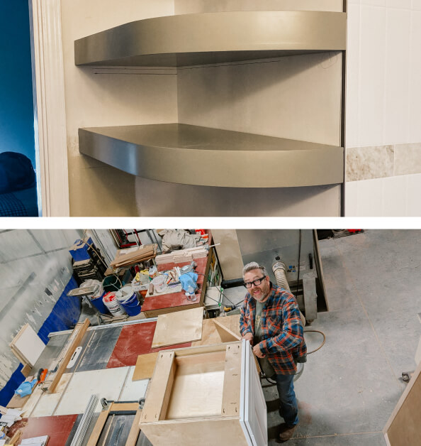 Top: Two gray corner shelves installed on a wall. Bottom: A man in a workshop assembling wooden furniture pieces.