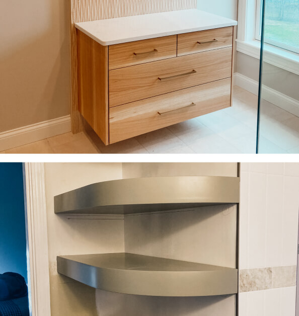 Top: Floating wooden vanity with three drawers under a white countertop. Bottom: Two corner floating shelves with a gray finish in a tiled bathroom area.