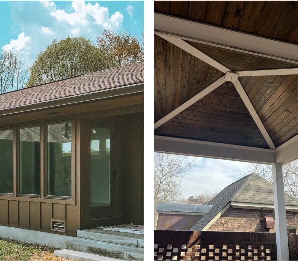 Left: Exterior view of a house with large windows and brown siding. Right: Wooden ceiling of a covered patio with exposed beams, seen from below.